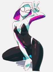 1girl ballet_slippers black_bodysuit bodysuit breasts covered_navel gwen_stacy highres hood hood_up hooded_bodysuit knee_up looking_at_viewer marvel mask medium_breasts multicolored_bodysuit silk simple_background skin_tight solo spider-gwen spider-man:_into_the_spider-verse spider-man_(series) spider-verse spider_web spider_web_print superhero_costume tyto_alba v white_bodysuit