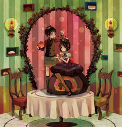 Rule 34 | 1boy, 1girl, ascot, belt, black hair, blush, boots, bow, brown hair, brown pantyhose, brown upholstery, cake, chair, cup, dress, eating, food, food-themed clothes, fork, fruit, glasses, highres, leaf, mary janes, object on head, open mouth, original, pantyhose, plate, red upholstery, saucer, shoes, short hair, shorts, sitting, standing, strawberry, striped, sweater vest, table, tablecloth, teacup, yumi (tuzisaka)