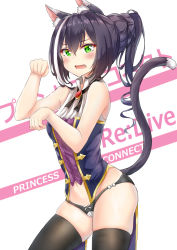 Rule 34 | 1girl, animal ear fluff, animal ears, bare arms, bare shoulders, black hair, black panties, black thighhighs, blush, bow, bow panties, breasts, cat ears, cat girl, cat tail, commentary request, copyright name, fang, green eyes, hair between eyes, hands up, highres, ikarosu, karyl (princess connect!), long hair, looking at viewer, multicolored hair, no detached sleeves, no pants, open mouth, panties, paw pose, ponytail, princess connect!, ringlets, shirt, sleeveless, sleeveless shirt, small breasts, solo, streaked hair, tail, tail raised, thighhighs, underwear, white background, white hair, white shirt
