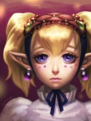 Rule 34 | 1girl, agitha, artist name, bellhenge, blonde hair, earrings, eyelashes, female focus, gem, hairband, highres, hyrule warriors, jewelry, lips, lipstick, lolita fashion, lolita hairband, looking at viewer, makeup, md5 mismatch, nintendo, nose, pink lips, pointy ears, purple eyes, resized, resolution mismatch, rupee (zelda), short hair, solo, source smaller, the legend of zelda, the legend of zelda: twilight princess, twintails, upper body, upscaled