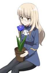 Rule 34 | 1girl, black pantyhose, blonde hair, blush, closed mouth, glasses, highres, kanata mako, long hair, military, military uniform, neckerchief, pantyhose, perrine h. clostermann, plant, potted plant, simple background, sitting, smile, solo, strike witches, uniform, white background, white neckerchief, world witches series, yellow eyes