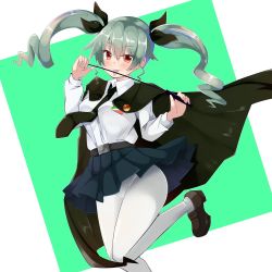 Rule 34 | 1girl, :p, anchovy (girls und panzer), anzio school uniform, belt, black belt, black cape, black footwear, black necktie, black ribbon, black skirt, blush, brown eyes, cape, closed mouth, commentary, dress shirt, drill hair, emblem, girls und panzer, green background, green hair, hair ribbon, leg up, loafers, long hair, long sleeves, looking at viewer, miniskirt, necktie, panties, panties under pantyhose, pantyhose, pantyshot, pleated skirt, ribbon, rurisakura, school uniform, shirt, shoes, skirt, smile, solo, standing, standing on one leg, tongue, tongue out, twin drills, twintails, underwear, white pantyhose, white shirt, wing collar