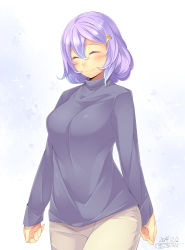 Rule 34 | 1girl, 2014, absurdres, alternate costume, blush, breasts, closed eyes, contemporary, hair ornament, highres, kokka han, large breasts, letty whiterock, long sleeves, pants, polearm, purple hair, short hair, simple background, smile, solo, sweater, touhou, trident, weapon