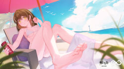 Rule 34 | 1girl, absurdres, alternate costume, arknights, armpit crease, bare arms, bare hips, bare legs, bare shoulders, barefoot, beach, beach umbrella, bikini, blue sky, blurry, blurry background, blurry foreground, blush, breasts, breasts apart, brown hair, can, chair, chinese commentary, closed mouth, cloud, cloudy sky, coca-cola, collarbone, commentary request, copyright name, day, depth of field, drink, drink can, eyelashes, feet, fingernails, foot focus, foreshortening, from side, hair between eyes, hand in own hair, hand up, highleg, highleg bikini, highres, holding, holding can, holding drink, horizon, kneepits, knees, knees together feet apart, knees up, leaf, legs, lighthouse, lips, looking at viewer, looking to the side, lounge chair, magallan (arknights), medium breasts, multicolored hair, ocean, on chair, outdoors, outstretched arm, palm leaf, palm tree, resting, rhine lab logo, rhodes island logo (arknights), sand, shade, short hair, sideboob, simple bird, sitting, sky, smile, soda, soda can, soles, solo, streaked hair, swimsuit, thighs, toenails, toes, toes up, towel, towel on legs, tree, two-tone hair, umbrella, underboob, w39, water, waves, white bikini, white hair, yellow eyes