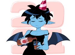 Rule 34 | 1girl, 2021, bare shoulders, bat wings, black hair, blue skin, bottle, breasts, closed eyes, closed mouth, collarbone, colored skin, commentary, cup, drinking glass, english commentary, glass, hat, highres, holding, holding bottle, holding cup, medium breasts, original, party hat, pointy ears, sad, short hair, solo, suoiresnu, upper body, wings