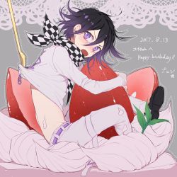 Rule 34 | 1boy, ahoge, belt, black footwear, black hair, blush, checkered clothes, checkered neckwear, checkered scarf, commentary request, cream, danganronpa (series), danganronpa v3: killing harmony, dated, fang, food, fork, from side, fruit, hair between eyes, happy birthday, highres, holding, jacket, long sleeves, looking at viewer, male focus, medium hair, messy hair, mini person, miniboy, nanin, hugging object, open mouth, oma kokichi, pants, purple belt, purple eyes, purple hair, scarf, shoes, sitting, solo, straitjacket, strawberry, translation request, trembling, white jacket, white pants