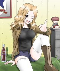 Rule 34 | 1girl, ;d, alisa (girls und panzer), black footwear, black shirt, blonde hair, blue eyes, blue shorts, character doll, chest of drawers, coca-cola, commentary, emblem, girls und panzer, hair intakes, harukai-i, highres, jacket, kay (girls und panzer), knee up, looking at viewer, medium hair, on table, one eye closed, open clothes, open jacket, open mouth, saunders (emblem), saunders military uniform, saunders school uniform, school uniform, shirt, short shorts, shorts, sitting, smile, soda bottle, solo, table, thighhighs, thumbs up, white thighhighs, zipper