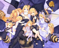 Rule 34 | &gt; &lt;, 6+girls, :d, abdomen tail, antennae, arm behind head, arm up, arthropod girl, bare shoulders, bed sheet, bee girl, bee wings, black dress, black gloves, black shirt, black shorts, black sleeves, black socks, blonde hair, blue shirt, blue skirt, bow, breasts, brown eyes, closed eyes, closed mouth, commentary request, detached sleeves, dress, drill hair, fangs, flat chest, frilled sleeves, frills, gloves, honey, honeypot, huge breasts, insect girl, long hair, long sleeves, medium breasts, multiple girls, navel, no shoes, open mouth, original, pillow, pointy ears, poppy (poppykakaka), puffy long sleeves, puffy shorts, puffy sleeves, purple bow, purple eyes, purple scrunchie, saliva, scrunchie, shirt, short shorts, short sleeves, shorts, skirt, sleeveless, sleeveless dress, sleeves past wrists, smile, socks, soles, stinger, stirrup legwear, strapless, strapless dress, toeless legwear, transparent wings, very long hair, white gloves, white shirt, wide sleeves, wrist scrunchie
