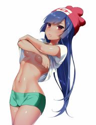 Rule 34 | 10s, 1girl, :o, armpit peek, beanie, blush, breasts, clothes lift, cosplay, cowboy shot, creatures (company), crossed arms, game freak, green shorts, gym leader, hat, hizuki akira, long hair, looking at viewer, medium breasts, midriff, navel, nintendo, parted lips, pokemon, pokemon rgby, pokemon sm, purple hair, red eyes, red hat, sabrina (pokemon), selene (pokemon), selene (pokemon) (cosplay), shirt lift, shorts, simple background, solo, stomach, tan, tsurime, underboob, undressing, white background