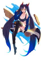 Rule 34 | 1girl, :p, absurdly long hair, alternate costume, aqua eyes, bare shoulders, black shorts, black thighhighs, blue eyes, blue hair, breasts, cleavage, collarbone, crop top, eyebrows, fingernails, full body, glasses, gloves, hair ornament, highres, jacket, knee up, large breasts, league of legends, letterman jacket, licking lips, long hair, long sleeves, looking at viewer, matching hair/eyes, mole, mole under eye, multicolored hair, nail polish, off shoulder, open clothes, open jacket, partially fingerless gloves, purple hair, red nails, short shorts, shorts, sidelocks, sitting, solo, sona (league of legends), sunglasses, thighhighs, tongue, tongue out, transparent background, twintails, two-tone hair, very long hair, wing hair ornament