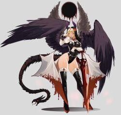 Rule 34 | 1girl, bad anatomy, bird wings, black wings, contrapposto, feathered wings, feathers, full body, grey background, habit, highres, large wings, rumia, spread wings, thighhighs, tomatolover16, touhou, wings