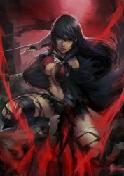 Rule 34 | 1girl, armor, armored boots, asymmetrical clothes, bare shoulders, belt, belt buckle, black hair, black panties, boots, breasts, buckle, claws, cleavage, cowboy shot, expressionless, greaves, grey footwear, hair between eyes, knee pads, large breasts, long hair, looking at viewer, low-tied long hair, navel, nose, panties, parted lips, phamoz, red lips, revealing clothes, serious, solo, stomach, tales of (series), tales of berseria, thigh strap, thighhighs, torn clothes, torn thighhighs, underwear, velvet crowe, very long hair, yellow eyes