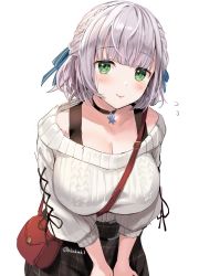 Rule 34 | 1girl, akamoku, bare shoulders, between breasts, black choker, black skirt, blue ribbon, breasts, casual, choker, cleavage, closed mouth, commentary request, flying sweatdrops, green eyes, hair ribbon, highres, hololive, large breasts, leaning forward, red bag, ribbed sweater, ribbon, shirogane noel, short hair, silver hair, simple background, skirt, smile, snowflake choker, solo, strap between breasts, strapless, sweater, virtual youtuber, white background, white sweater
