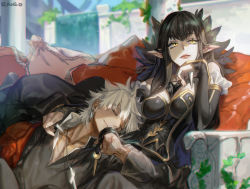 Rule 34 | 1boy, 1girl, absurdly long hair, amakusa shirou (fate), artist name, black dress, black hair, black shirt, bridal gauntlets, closed mouth, commentary request, couch, cross, cross necklace, cushion, dress, earrings, fate/apocrypha, fate/grand order, fate (series), fur trim, g0ringo, hanging gardens of babylon, jewelry, long dress, long hair, looking to the side, necklace, pillar, pillow, pointy ears, semiramis (fate), shirt, sleeping, sleeping on person, slit pupils, smile, spikes, very long hair, white hair, yellow eyes