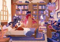 Rule 34 | 1girl, astrolabe, bed, bedroom, black cat, black gloves, black hair, blue capelet, blue carpet, blue leotard, blush, bodystocking, book, book stack, bookshelf, breasts, capelet, cat, choker, coffee cup, cover, cover page, cup, disposable cup, earrings, fur-trimmed capelet, fur trim, genshin impact, gloves, gold trim, green eyes, hair ornament, hat, highleg, highleg leotard, jewelry, leotard, light particles, light rays, long hair, medium breasts, mona (genshin impact), pantyhose, pillow, plant, potted plant, projecttiger, small breasts, smile, stairs, star (symbol), strapless, strapless leotard, sunlight, thighlet, twintails, window, witch hat