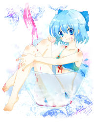 1girl bad_id bad_pixiv_id bare_shoulders barefoot bikini blue_eyes blue_hair bow cirno collarbone cup feet female_focus grin hair_bow highres in_container in_cup matching_hair/eyes messy nakamura_(mugenlism) nakata short_hair sitting smile solo swimsuit teeth touhou wings