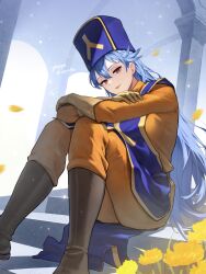 Rule 34 | 1girl, absurdres, arch, blue hair, blush, boots, crossed arms, dragon quest, dragon quest dai no daibouken, elbows on knees, flower, gloves, hat, highres, long hair, looking at viewer, looking down, orange eyes, priest (dq3), signature, sitting, sitting on stairs, smile, solo, stairs, tabard, yappo (point71)