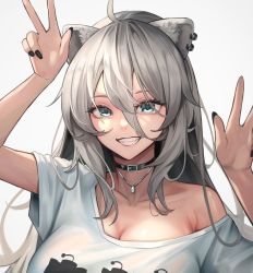 Rule 34 | 1girl, absurdres, ahoge, animal ears, armpit crease, black nails, blue eyes, breasts, buckle, casual, choker, cleavage, collarbone, double w, earrings, eyebrows, eyelashes, fangs, female focus, fingernails, grey background, grey hair, grin, hair between eyes, hakusyokuto, highres, hololive, jewelry, large breasts, lion ears, lion girl, long hair, looking at viewer, nail polish, necklace, no bra, official alternate costume, shirt, shishiro botan, shishiro botan (casual), simple background, smile, solo, t-shirt, teeth, upper body, virtual youtuber, w
