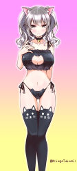 Rule 34 | 10s, 1girl, animal ear legwear, animal ears, arm behind back, bell, black panties, black thighhighs, blush, breasts, cat cutout, cat ear legwear, cat ear panties, cat ears, cat girl, cat lingerie, choker, cleavage, cleavage cutout, closed mouth, clothing cutout, collarbone, female focus, frills, gluteal fold, gradient background, grey eyes, hand on own chest, jingle bell, kantai collection, kashima (kancolle), large breasts, long hair, looking at viewer, meme attire, mikage takashi, navel, neck bell, panties, paw print, side-tie panties, smile, solo, stomach, string panties, thigh gap, thighhighs, twintails, twitter username, underwear, underwear only