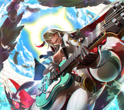 Rule 34 | 1girl, ahoge, arc system works, blonde hair, bodysuit, breasts, chromatic aberration, cleavage, cleavage cutout, clothing cutout, cloud, spiked halo, cowboy shot, day, eyelashes, feathers, from below, guilty gear, guilty gear xrd, guitar, hair between eyes, halo, instrument, jack-o&#039; valentine, jewelry, legs apart, looking at viewer, multicolored hair, necklace, red eyes, sagging breasts, sky, smile, solo, sparkle, sun, tala lan, two-tone hair