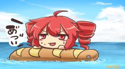 Rule 34 | 1girl, afloat, artist name, baguette, blush stickers, bread, chibi, cloud, commentary, day, drill hair, food, inflatable toy, kasane teto, katai uji, ocean, open mouth, outdoors, red eyes, red hair, ripples, short hair, solo, sweat, translated, twin drills, upper body, utau, v-shaped eyebrows