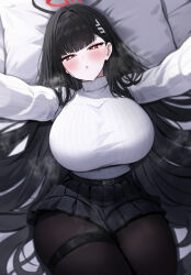 Rule 34 | 1girl, absurdres, belt, black belt, black hair, black halo, black pantyhose, black skirt, blue archive, blunt bangs, blush, breasts, bright pupils, commentary request, from above, hair ornament, hairclip, half-closed eyes, halo, highres, huge breasts, hyouhyou sub, long hair, long sleeves, looking at viewer, lying, miniskirt, on back, outstretched arms, pantyhose, parted lips, pillow, pleated skirt, red eyes, ribbed sweater, rio (blue archive), skirt, solo, steaming body, sweater, sweater tucked in, thick thighs, thigh belt, thigh strap, thighs, turtleneck, turtleneck sweater, very long hair, white pupils, white sweater