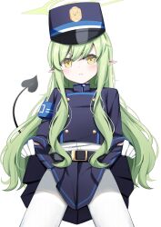 Rule 34 | 1girl, absurdres, belt, black belt, black hat, black jacket, black skirt, black tail, blue archive, blush, closed mouth, clothes lift, cowboy shot, demon tail, gloves, green hair, green halo, halo, hat, hikari (blue archive), highres, jacket, kamesys, lifting own clothes, long hair, long sleeves, looking at viewer, pantyhose, peaked cap, pleated skirt, pointy ears, simple background, skirt, skirt lift, solo, tail, white background, white gloves, white pantyhose, yellow eyes