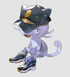 Rule 34 | alolan form, alolan meowth, animal hands, black eyes, black footwear, black hat, cat tail, clothed pokemon, creatures (company), fang, full body, furry, game freak, gen 7 pokemon, grey background, half-closed eyes, happy, hat, looking at viewer, newo (shinra-p), nintendo, open mouth, pokemon, pokemon (creature), shiny skin, shoes, simple background, sitting, smile, solo, tail, whiskers