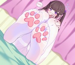 Rule 34 | 1girl,  hair, blush, brown hair, covering own mouth, embarrassed, feet, foot focus, highres, long hair, looking at viewer, original, pantyhose, paw print socks, paw print soles, purple eyes, soles, solo, spoken blush, toes, twintails, yao (pixiv9482697)