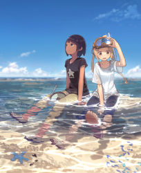 Rule 34 | 2girls, blonde hair, blue sky, brown eyes, brown hair, cloud, commentary request, contemporary, dark skin, dark-skinned female, day, goggles, goggles on head, highres, light smile, medium hair, minamito, multiple girls, ocean, open mouth, original, outdoors, partially submerged, sandals, shirt, shoes, short hair, shorts, side ponytail, sitting, sky, sneakers, snorkel, starfish, summer, t-shirt, tomboy, umiiro march, water, wet, wet clothes, wet shirt