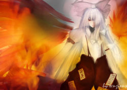 Rule 34 | 1girl, bad id, bad pixiv id, bow, female focus, fiery wings, fujiwara no mokou, gradient background, hair bow, hair over one eye, long hair, looking at viewer, senzions, solo, touhou, white hair, wings