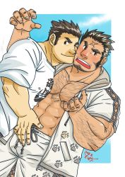 Rule 34 | 2boys, abs, bara, blush, bulge, casual, cheek-to-cheek, chest hair, covered erect nipples, cross-laced clothes, cross-laced legwear, cross-laced sleeves, cross scar, crotch grab, feet out of frame, heads together, houzouin oniwaka, interracial, jacket, long sideburns, looking at viewer, male focus, protagonist 3 (housamo), mature male, moritas (mochi m), multiple boys, muscular, muscular male, navel, nipples, official alternate costume, open clothes, open jacket, paw print, pectoral cleavage, pectorals, scar, scar on face, scar on forehead, short hair, sideburns, smile, thick eyebrows, tokyo houkago summoners, yaoi