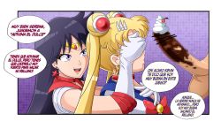 Rule 34 | 1boy, 2girls, bishoujo senshi sailor moon, blonde hair, chocolate, covering another&#039;s eyes, earrings, erection, fellatio, highres, hino rei, jewelry, magical girl, multiple girls, oral, orry9235, penis, sailor mars, sailor moon, spanish text, speech bubble, testicles, tsukino usagi, whipped cream