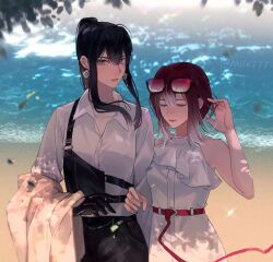 Rule 34 | 2girls, bare arms, beach, belt, black hair, black pants, chinese commentary, closed eyes, closed mouth, collared shirt, commentary request, dress, ear piercing, earrings, eyewear on head, falling leaves, gradient hair, grey eyes, hand in own hair, hand up, highres, jewelry, leaf, locked arms, long hair, long sleeves, looking at viewer, miix777, multicolored hair, multiple girls, ocean, outdoors, pants, parted lips, path to nowhere, piercing, pink-tinted eyewear, ponytail, rahu (path to nowhere), red hair, sand, shalom (path to nowhere), shirt, shore, sidelocks, sleeveless, sleeveless dress, sunglasses, tinted eyewear, twitter username, upper body, white dress, white hair, white shirt