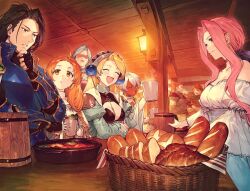 3boys 5girls :d anger_vein armor atelier_(series) atelier_marie basket beer_mug benitama black_hair blonde_hair braid bread bread_slice breasts brown_hair cleavage closed_eyes closed_mouth croissant crop_top crossed_arms cup dark-skinned_female dark_skin earrings enderk_yard flea_schenk food frown full_armor furrowed_brow hair_ornament hair_over_shoulder hallesch_sleiman hand_up highres holding holding_cup indoors ingrid_(atelier) jewelry juliet_sleeves lamp long_hair long_sleeves looking_at_another marie_(atelier) medium_breasts mug multiple_boys multiple_girls mu_seqstanse no_eyes one_eye_closed open_mouth orange_hair ponytail puffy_sleeves red_lips ruven_filnir schea_donnerstag short_hair smile table tavern twin_braids white_hair wooden_ceiling