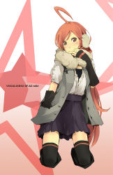 Rule 34 | ahoge, bad id, bad pixiv id, black thighhighs, blouse, blush, brown eyes, character name, copyright name, detached sleeves, earmuffs, hand in pocket, hand to own mouth, long hair, red hair, sf-a2 miki, shirt, skirt, smile, solo, star (symbol), thighhighs, very long hair, vocaloid, white shirt, yoshito, zettai ryouiki