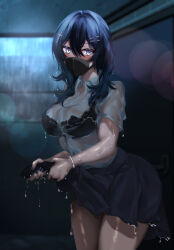 Rule 34 | 1girl, aqua eyes, blue eyes, blue hair, blush, bra, breasts, embarrassed, female focus, hair between eyes, highres, indoors, large breasts, legs, long hair, looking at viewer, mouth mask, nail polish, original, rain, see-through, shoushin gal wo netotte haramasetai!!, skirt, solo, standing, surgical mask, thighs, tonosama penguin, underwear, wet, wet clothes, wringing clothes
