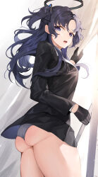 Rule 34 | 1girl, :o, absurdres, ass, black gloves, black jacket, black skirt, blazer, blue archive, blush, curtains, gloves, grey panties, halo, highres, jacket, koyo akio, looking at viewer, looking to the side, miniskirt, panties, pantyshot, purple eyes, purple hair, skirt, solo, sunlight, two side up, underwear, wedgie, yuuka (blue archive)