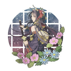 Rule 34 | 1boy, back, bare shoulders, black hair, blue flower, blush, chagashi, closed mouth, commentary request, flower, hair ornament, holding, holding sword, holding weapon, japanese clothes, jirou tachi, katana, long hair, looking at viewer, male focus, pink flower, scabbard, sheath, sleeveless, solo, sword, touken ranbu, weapon, yellow eyes