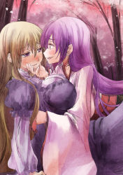 Rule 34 | 2girls, blonde hair, blush, breasts, cherry blossoms, dress, eye contact, hand on another&#039;s chin, large breasts, long hair, looking at another, multiple girls, no headwear, personification, pink eyes, pink hair, purple dress, purple eyes, purple hair, red eyes, saigyou ayakashi, skirt, smile, smirk, touhou, very long hair, wide sleeves, yakumo yukari, yohane, yuri