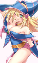 Rule 34 | 1girl, arm behind head, bare shoulders, blonde hair, blue eyes, blue headwear, blush, blush stickers, breasts, cleavage, closed mouth, dark magician girl, duel monster, highres, large breasts, long hair, looking at viewer, mitsuria (kanesho1102), one eye closed, pentacle, solo, thighs, yu-gi-oh!, yu-gi-oh! duel monsters