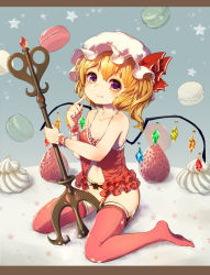 Rule 34 | 1girl, babydoll, bad id, bad pixiv id, bare shoulders, blonde hair, blush, bottomless, breasts, cake, camisole, collarbone, convenient censoring, cream, crystal, demon wings, dripping, fang, fang out, finger to cheek, flandre scarlet, food, frills, fruit, garter belt, garter straps, gem, groin, hat, highres, jewelry, letterboxed, looking at viewer, macaron, mob cap, navel, no panties, pyonsuke (pyon2 mfg), red babydoll, red eyes, red gemstone, red thighhighs, short hair, sitting, small breasts, smile, solo, spaghetti strap, staff, star (symbol), stomach, strawberry, thighhighs, touhou, vampire, wand, wariza, wings, wrist cuffs