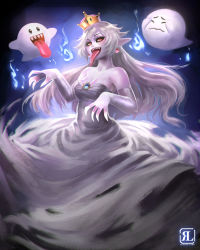 Rule 34 | 1girl, :d, absurdres, artist name, bad id, bad pixiv id, bare shoulders, black sclera, blush, boo (mario), breasts, brooch, colored sclera, colored skin, commentary, crown, dress, earrings, elbow gloves, english commentary, ghost pose, gloves, grey dress, grey gloves, highres, hitodama, jewelry, long hair, long tongue, looking at viewer, luigi&#039;s mansion, mario (series), medium breasts, new super mario bros. u deluxe, nintendo, open mouth, pointy ears, princess king boo, reagan long, red eyes, sharp teeth, smile, strapless, strapless dress, super crown, teeth, tongue, tongue out, white hair, white skin