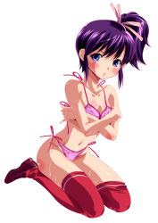 Rule 34 | 1girl, bare shoulders, blue eyes, blush, bra, breasts, collarbone, covering privates, covering breasts, full body, lingerie, loafers, looking at viewer, navel, original, panties, pink panties, polka dot, polka dot bra, polka dot panties, purple hair, ranmaru (adgjjj), red thighhighs, seiza, shoes, side-tie panties, side ponytail, simple background, sitting, solo, sweat, thighhighs, underwear, underwear only