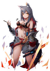 Rule 34 | 1girl, absurdres, animal ear fluff, animal ears, arknights, bare shoulders, bikini, black bikini, black gloves, black hair, breasts, brown eyes, commentary, cropped legs, earrings, fingerless gloves, food, gloves, grey jacket, hand up, highres, holding, holding food, holding sword, holding weapon, jacket, jewelry, jumbowhopper, large breasts, left-handed, long hair, long sleeves, looking at viewer, multicolored hair, navel, off shoulder, open clothes, open jacket, pocky, red hair, reverse grip, simple background, solo, standing, stomach, swimsuit, sword, texas (arknights), thighs, weapon, white background, wolf ears