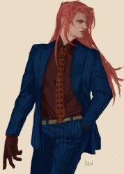 Rule 34 | 1boy, artist name, commentary, danart14020, diavolo, formal, gloves, hand in pocket, highres, holding, jojo no kimyou na bouken, long hair, looking to the side, male focus, necktie, pants, pink hair, pink lips, pinstripe pattern, pinstripe suit, polka dot hair, polka dot necktie, realistic, solo, striped, suit, symbol-only commentary, toned, toned male, vento aureo