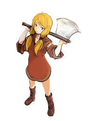 Rule 34 | 1girl, axe, black eyes, blonde hair, boots, female focus, final fantasy, final fantasy tactics, full body, geomancer (fft), kurouji, long hair, simple background, solo, weapon, white background