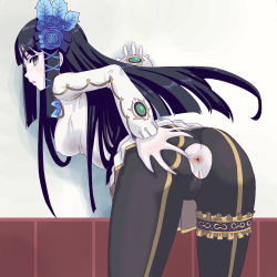 Rule 34 | 1girl, against wall, anus, arm support, ass, ass cutout, ass grab, bent over, black hair, cleft of venus, clothing cutout, colored skin, deep skin, from behind, grabbing own ass, green eyes, hair ornament, hou (hachiyou), long hair, looking back, nagisa (psp2i), no panties, pale skin, pantyhose, phantasy star, phantasy star portable 2, phantasy star portable 2 infinity, presenting, pussy, solo, spread anus, torn clothes, torn pantyhose, uncensored, white skin