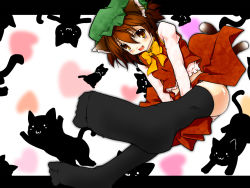 Rule 34 | 1girl, :3, animal ears, black thighhighs, blush, bow, bowtie, brown eyes, brown hair, cat, cat ears, cat tail, chen, earrings, fang, feet, female focus, haruyonoto, hat, jewelry, multiple tails, short hair, socks, solo, tail, thighhighs, touhou