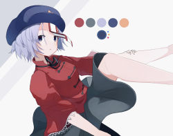 Rule 34 | 1girl, black ribbon, black skirt, blush, breasts, cabbie hat, chinese clothes, color guide, commentary request, expressionless, feet out of frame, hat, highres, jiangshi, kou (illust nyo), lace-trimmed sleeves, lace trim, light purple hair, looking at viewer, medium breasts, miyako yoshika, neck ribbon, ofuda, open mouth, purple eyes, purple headwear, red shirt, ribbon, shirt, short hair, short sleeves, skirt, star (symbol), tangzhuang, touhou, white background, wide sleeves